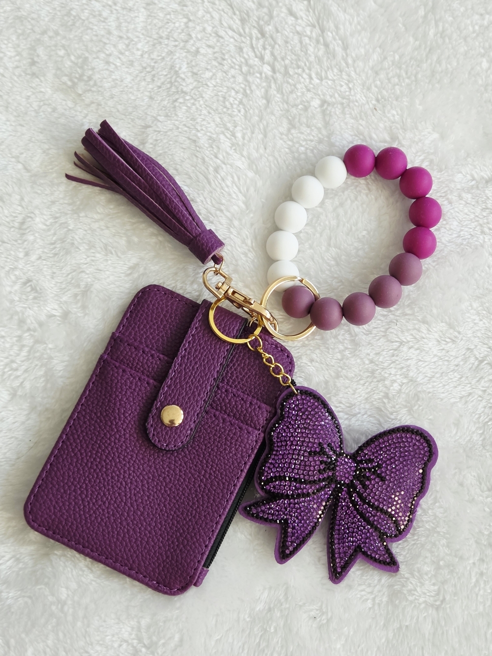 Purple Wristlet Keychain Card Holder with Bow Charm